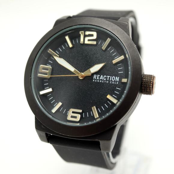 s-l400.jpg Kenneth Cole Reaction Mens Black Gold Tone Dress Watch 48mm w New Battery